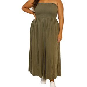 Aerie Green Smocked Strapless Jumpsuit Wide Leg One Piece Flowy Stretch Comfy XL